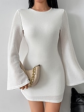 Χαμηλού Κόστους Φορέματα Αποφοίτησης-Γυναικεία Μίνι φόρεμα Λευκό φόρεμα Φόρεμα αποφοίτησης Φόρεμα Bodycon Κομψό Μοντέρνα Μανίκι Flare Cuff ΕΞΩΤΕΡΙΚΟΥ ΧΩΡΟΥ Διακοπές Εξόδου Κανονικό Σκέτο Μακρυμάνικο Στρογγυλή Ψηλή Λαιμόκοψη Μαύρο Λευκό