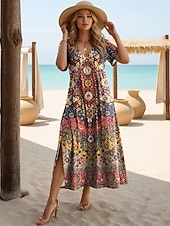 preiswerte Kunst &amp; Design Kleider-Damen Midikleid A Linie Kleid Lässig Täglich Normale Passform Blumen Abstrakt Kurzarm V Ausschnitt Schwarz Weiß Leicht Braun Orange Sommer Frühling