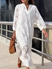 voordelige Witte kanten jurken-Dames Maxi-jurk Kanten jurk Witte jurk Modieus Modern Buiten Strand Vakantie Ruim Passend Effen Lange mouw V-hals Wit Zomer Lente