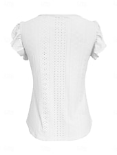 baratos Camiseta lisa-Mulheres Camiseta T-shirt Frufru Ilhó Botões Tecido Moda à moda Clássico Manga Curta Decote V Tops regulares Diário Para Noite Final de semana Branco Amarelo Rosa Azul Céu Verde Verão Primavera
