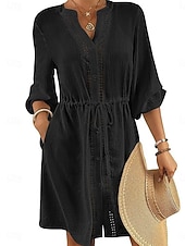 abordables Vestidos de playa-Mujer Vestido hasta la Rodilla Vestido blanco vestido de playa Vestido negro Tapadera Elegante Moda Clásico Manga de la linterna Diario Exterior Playa Holgado Plano Manga Larga Escote Chino Negro