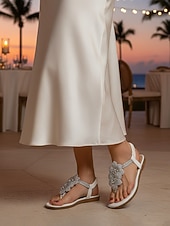 abordables Flat Sandals-Women's Gold Floral Thong Sandals - Elegant Shimmering Flat Sandals with 3D Flower Detail, Comfortable Strappy Dress Shoes for Resort Evenings, Vacation Dinners &amp; Cruise Wear