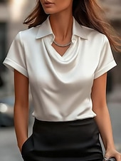 Недорогие Простые блузки-Жен. Атласная рубашка Рубашка Блуза Сплошной цвет Элегантный стиль Мода На каждый день С короткими рукавами Отложной Обычные топы Повседневные Офис Синий Черный Белый Желтый Серый Лето Весна