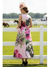  Ligne A Longueur cheville Robe de Derby Robe de Mère de Mariée  Sans manches Col en V Élégant ancien Kentucky Derby Satin avec Fleur Imprimé
