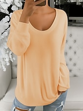 abordables T-shirt uni-T-shirt pour femmes décontracté doux couleur unie côtelé col en V tricoté manches longues réguliers tricot quotidien extérieur week-end bleu blanc printemps automne