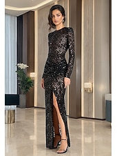 זול שמלות ערב של בתולת ים-בתולת ים  חצוצרה עד הריצפה שמלות נשף שמלות ערב לבוש רשמי אלגנטית נוצץ סגנון של מפורסמים שרוול ארוך צווארון עגול קצר חתונה רשמי תחרה עם נצנוץ אסוף נצנצים