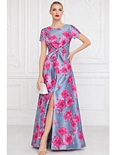 cheap A-Line Evening Dresses-A-Line Floor Length Evening Gown Formal Dress Elegant Floral Silky Short Sleeve Crew Neck Garden Party Wedding Pocket Satin with Floral Print Bow(s) Strappy