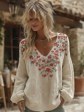 Недорогие Основные искусственные рубашки-Блуза для женщин из льняного материала дышащая легкая цветочный графический рисунок элегантная богемия винтажная длинный рукав V-образный вырез повседневная праздничная сборка заплатка вышивка синий