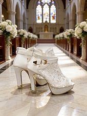 cheap Bride-Women's White Lace Wedding Heels with Buckle Strap – Elegant Open-Toe Platform Shoes for Indoor Weddings and Special Occasions