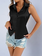 billige Enkle bluser-Dame Skjorte Sateng skjorte Bluse Ermeløs skjorte Knapper عادي Stilfull Klassisk Moderne Ermeløs Skjortekrage Vanlige topper Daglig Ferie Ut på byen Svart Hvit Lilla Grønn Sommer Vår