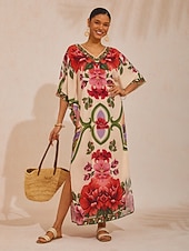 billiga tryck avslappnad klänning-Hawaii Palm böljande maxiklänning i chiffong med blommig design