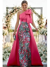 economico Lunghezza del pavimento-Linea ad A Tubino Colonna Lunghezza al pavimento Perline ricamate Abito da invitata a nozze Abito Formale Abito da cerimonia per signora Senza Maniche Monospalla Elegante Vintage Lussuoso Formale Raso