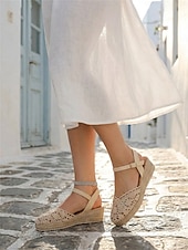 Χαμηλού Κόστους Γυναίκες-Γυναικεία μπεζ σανδάλια εσπαντρίγιας με κροσέ σε χρώμα boho – ιδανικά για καλοκαιρινές διακοπές, παραθαλάσσια θέρετρα και χαλαρές αποδράσεις