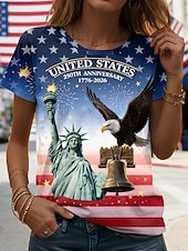  Maglietta patriottica da donna per il Giorno dell'Indipendenza grafica lettera bandiera vintage elegante casual maniche corte colletto a crew tops regolari stampa quotidiana blu bianco rosso estate