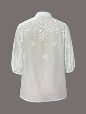 Недорогие Кружевные топы-Жен. Блуза Вышивка Пуговицы Сплошной цвет Элегантный стиль Стиль Классический Рукав 3/4 V-образный вырез Обычные топы Повседневные Белый Лето Весна Осень