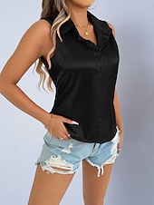billige Enkle bluser-Dame Skjorte Sateng skjorte Bluse Ermeløs skjorte Knapper عادي Stilfull Klassisk Moderne Ermeløs Skjortekrage Vanlige topper Daglig Ferie Ut på byen Svart Hvit Lilla Grønn Sommer Vår