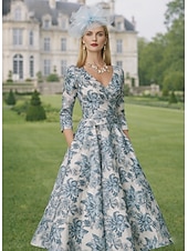 billige Ankellengde-A-linje Ankellengde Festkjole Cocktail Kjole Gjestekjole til bryllup Kjole til brudens mor 3/4 ermer V-hals Elegant Årgang Formell Kentucky Derby Semi-formelt Jacquard med Plissert