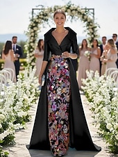 economico Lunghezza del pavimento-Linea ad A Tubino Colonna Lunghezza al pavimento Perline ricamate Abito da invitata a nozze Abito Formale Abito da cerimonia per signora Manica 3/4 Scollo a V Colletto a Camicia Elegante Vintage