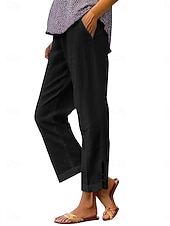 billiga Väsentliga Falska Bottnar-Dam Byxor av linne i bomull Kinesiska Semester Streetwear Grundläggande Fullängd Medium Midja Slät Ficka Elastisk midja Bekväm Komfort Oelastisk Dagligen Utomhus Semester Grå Svart Vit Armégrön