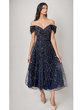 cheap Cocktail Dresses-A-Line Tea Length Beaded Eembroidered Formal Dresses Mother of the Bride Dress Cocktail Dresses Party Dresses Wedding Guest Dresses Elegant Glittering Embellished Sleeveless Off Shoulder Formal