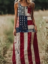  Ziua Independentei Pentru femei Rochie Maxi lungă Rochie casual Rochie Slip Modă De Bază Modern Zilnic În aer liber Plajă Potrivire Largă Steagul american Fără manșon Stil Nautic Roșu-aprins Var