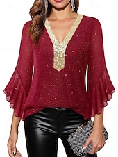 baratos Blusas Elegantes-Mulheres Blusa Tops de lantejoulas Patchwork Bloco de cor à moda Moderno Manga 3/4 Sino Decote V Tops regulares Diário Feriado Para Noite Azul Preto Vermelho Verde Verão Primavera