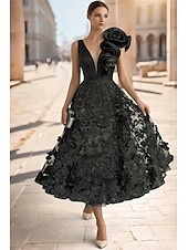  A-Line Tea Length Cocktail Dresses Elegant Vintage Floral Sleeveless V Neck Garden Party Wedding Pocket Satin Lace with Embroidered Flower Embroidery Pocket