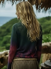 billige Boho t-skjorte-Dame Boho skjorte T skjorte Trykt mønster Grafisk Bohem Årgang Fritid Langermet Crew-hals Vanlige topper Daglig Helg Ferieklær Grønn Sommer Vår Høst
