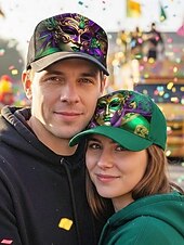 abordables Accesorios-Gorra de béisbol de poliéster para hombre con estampado de máscara de Mardi Gras, ajuste ajustable, varios colores, ideal para carnaval, festivales y atuendos casuales.