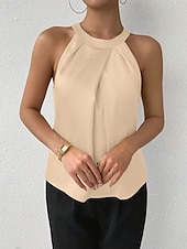 tanie Zwykły zbiornik-Damskie Elegancki Top satynowy Satynowa koszula Koszula obozowa Z marszczeniami Jednokolorowe Elegancki Podstawowy Codzienny Bez rękawów Kantarka Zwykłe topy Codzienny Święto Wyjściowe Czarny Biały