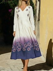  Per donna Abito Midi Abito Boho Vestito Casual Moda Quotidiano All'aperto Vacanza Vestibilità regolare Floreale Manica Lunga Scollo a V Viola Estate Primavera Autunno