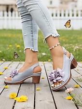 preiswerte Absatzsandalen-Graue Damen-Sandalen mit mittelhohem Absatz und Blumenmuster – elegant-lässiger Stil, bequemer Blockabsatz, ideal für Damen, Alltag, Gartenpartys, Reisen und Sommerveranstaltungen