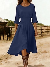 お買い得  シンプルなドレス-女性用 ミディドレス A ラインドレス 旅行度假风 カジュアル レギュラー 平織り 七分袖 クルーネック ブルー ブラック ピンク ネイビーブルー 夏 春 秋