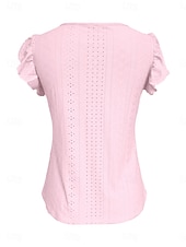 baratos Camiseta lisa-Mulheres Camiseta T-shirt Frufru Ilhó Botões Tecido Moda à moda Clássico Manga Curta Decote V Tops regulares Diário Para Noite Final de semana Branco Amarelo Rosa Azul Céu Verde Verão Primavera