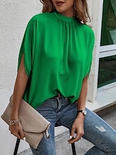 economico Bluse Semplici-Per donna Blusa Top in chiffon Semplice Elegante Classico Moderno Manica Corta Manica a Volant Collo alto Top Regolari Quotidiano Ferie Uscire Blu Nero Marrone Verde Estate Primavera