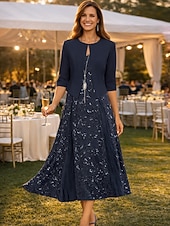 economico Set di abiti per la mamma-Due Pezzi Linea ad A Lunghezza Tè Abito da invitata a nozze Abito da cerimonia per signora Manica Corta Scollo a V Elegante Semplice Lussuoso Formale Ospite di nozze Chiffon Crêpe con Pizzo Perline