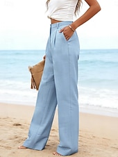 preiswerte Wesentliche Falsche Unterteile-Damen Kunstbaumwollleinen Weites Bein Freizeithose Sommerhose Urlaub Streetwear Basic Volle Länge Mittlere Taillenlinie Einfach Tasche Atmungsaktivität Bequem Unelastisch Täglich Outdoor Urlaub Blau