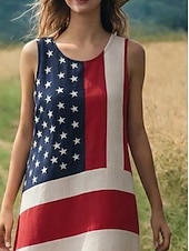  Dam Knälång klänning Vardagsklänning Slipklänning Mode Grundläggande Modern Dagligen Utomhus Strand Normal Amerikanska flaggan Stjärnor och ränder Ärmlös Rund hals Rubinrött Sommar Vår
