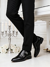baratos Sapatos de monge-Sapatos masculinos pretos formais em couro sintético com fivela dupla e acabamento brilhante – calçado elegante e sofisticado para negócios, casamentos e ocasiões especiais.
