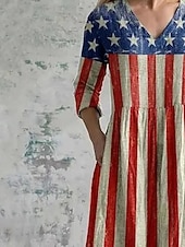  Unabhängigkeitstag Damen Maxikleid Hemdblusenkleid Freizeitkleid Mode Basic Modern Täglich Outdoor Strand Normale Passform Sternenbanner Dreiviertelarm V Ausschnitt Rote Sommer Frühling