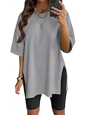 voordelige Effen t-shirt-Dames T-shirt Zijsplit Effen Kleur Grafisch Modieus Klassiek Casual Korte mouw Strakke ronde hals Ronde hals Lange tops Dagelijks Uitgaan blauw Zwart Wit Lichtgroen Blozend Roze Zomer Lente