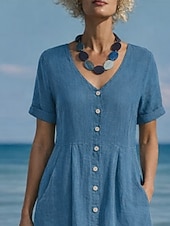 tanie Podstawowe sztuczne sukienki-Damskie Sukienka midi Sztuczna bawełna len Sukienka A line Codzienny Codzienny Regularny Równina Krótki rękaw W serek Niebieski Czarny Biały Wino Lato Wiosna