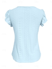 baratos Camiseta lisa-Mulheres Camiseta T-shirt Frufru Ilhó Botões Tecido Moda à moda Clássico Manga Curta Decote V Tops regulares Diário Para Noite Final de semana Branco Amarelo Rosa Azul Céu Verde Verão Primavera