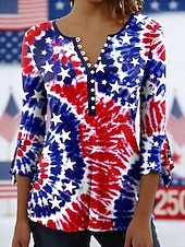  عيد الاستقلال الباتريوتي بلوزة نسائية جرافيك علم أنيق أنيق بأكمام 3/4 ياقة دائرية طويلة tops يومي للخروج من المنزل رافلز أزرار ازرق أحمر صيف ربيع