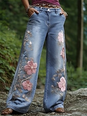  نسائي الرسوم البيانية ساق عريضه تشينوز العطلة عتيق موضة مكتمل الطول خصر عالي ورد جيب طبع مريح ناعم مرن نسبياً الأماكن المفتوحة عطلة شارع أزرق الربيع الخريف الشتاء فضفاض صالح