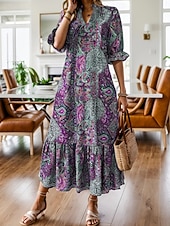cheap Vacation Boho Dress-Women's Midi Dress Floral Dress Print Dress Fashion Modern Outdoor Vacation Going out Loose Fit Floral Half Sleeve V Neck Teal Red Purple Summer Spring