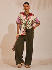 levne Květinové blůzy-Vzdušná lněná košile s květinovým vzorem a havajskými palmami