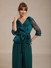 billige Kjolebluser-Dame Dressy topper knyte foran Illusjon Elegant 3/4 ermer V-hals Skjortekrage Vanlige topper Bryllupsgjest Cocktail antrekk Smaragd Grønn Sommer Vår Høst