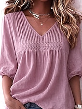 baratos Camisas-Mulheres Camisa Social Camisas com toque de linho Côr Sólida Tecido Vintage à moda Decote V Tops regulares Azul Branco Rosa Roxo Claro Verão Primavera