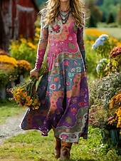 ieftine Rochie boho-Rochie Midi pentru Femei Boho Rochie în Formă de A Fit și Flare Rochie Vacanță Casual Zilnic Ajustare Regulat Grafic Geometric Mâneci Lungi Gât Rotund Albastru Roz Violet Portocaliu Vară Primăvară